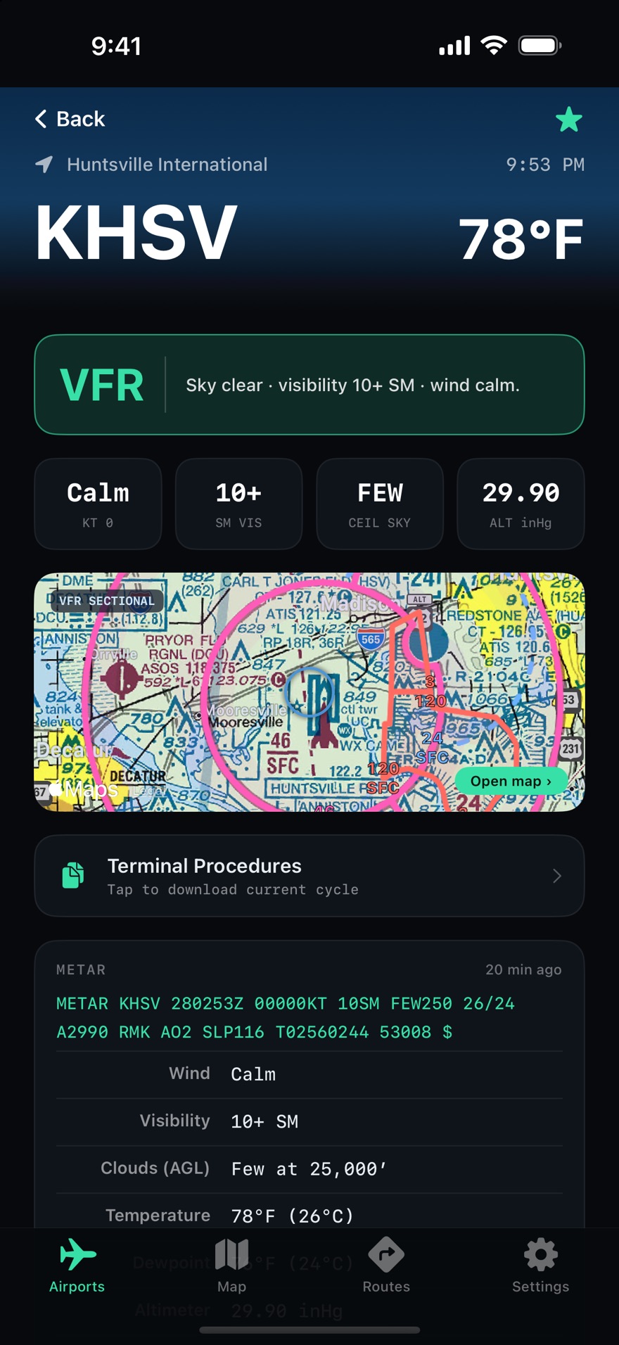 Airport detail with METAR, TAF and NOTAMs
